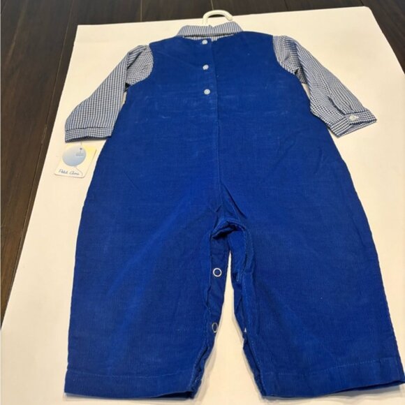 PETIT AMI OVERALLS CORDUROY 12 MONTHSMEDIUM BLUE  BLUE GINGHAM SHIRT  CARS - Picture 3 of 4